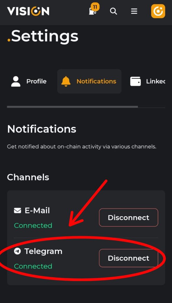 pestaña notificaciones telegram en ens vision